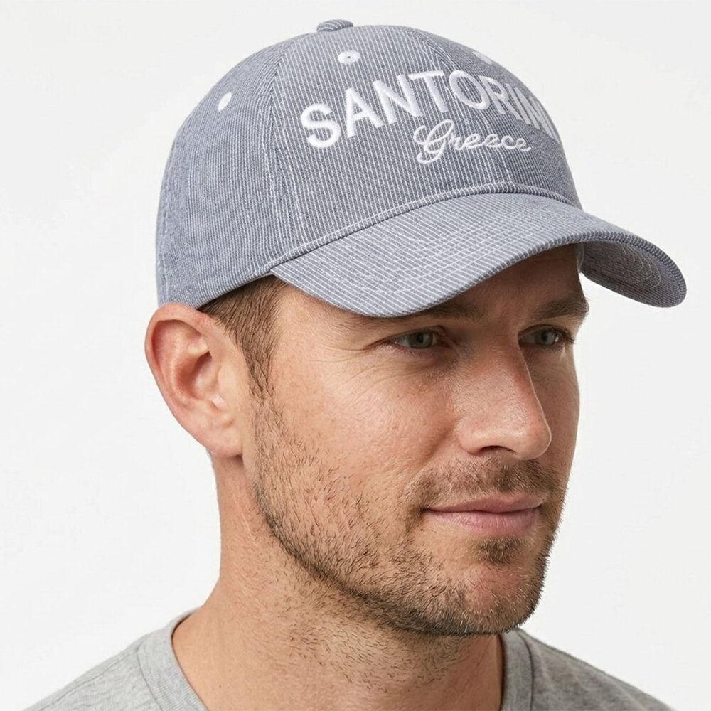 Santorini Greece Karfil Baseball Hat Cap Blue White Seersucker Stripe Cotton